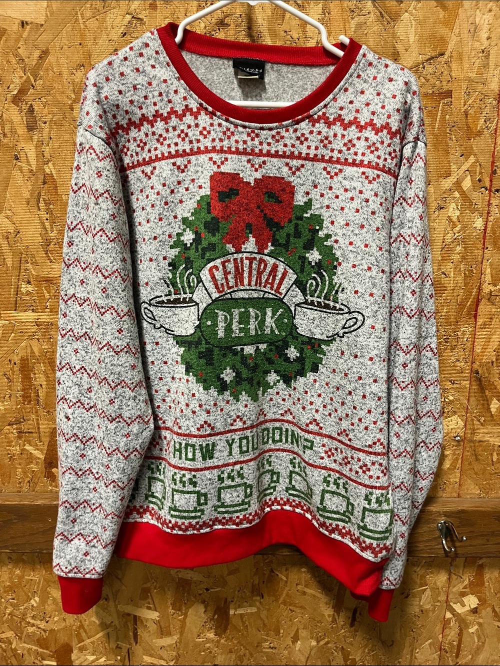 FRIENDS Holiday Central Perk Wreath Crewneck Sweater - Red, Green, Gray